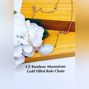 Gold Oval CZ Rainbow Moonstone Necklace w/2mm Rolo Chain, NWT, Gift Box Included